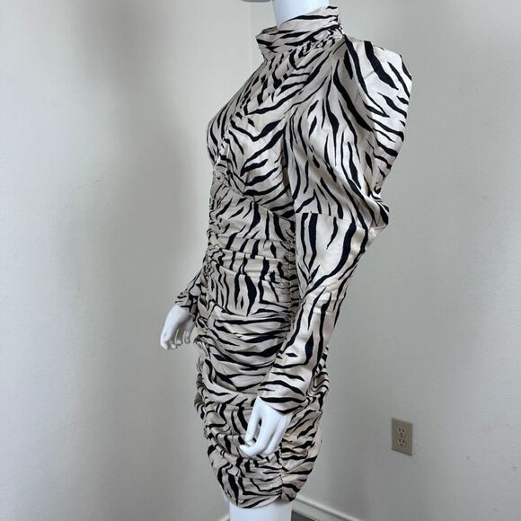 Bardot Women Size 10 Beige Animal Print Puff Sleeve Ruched Mini NEW Dress Party - Picture 9 of 16